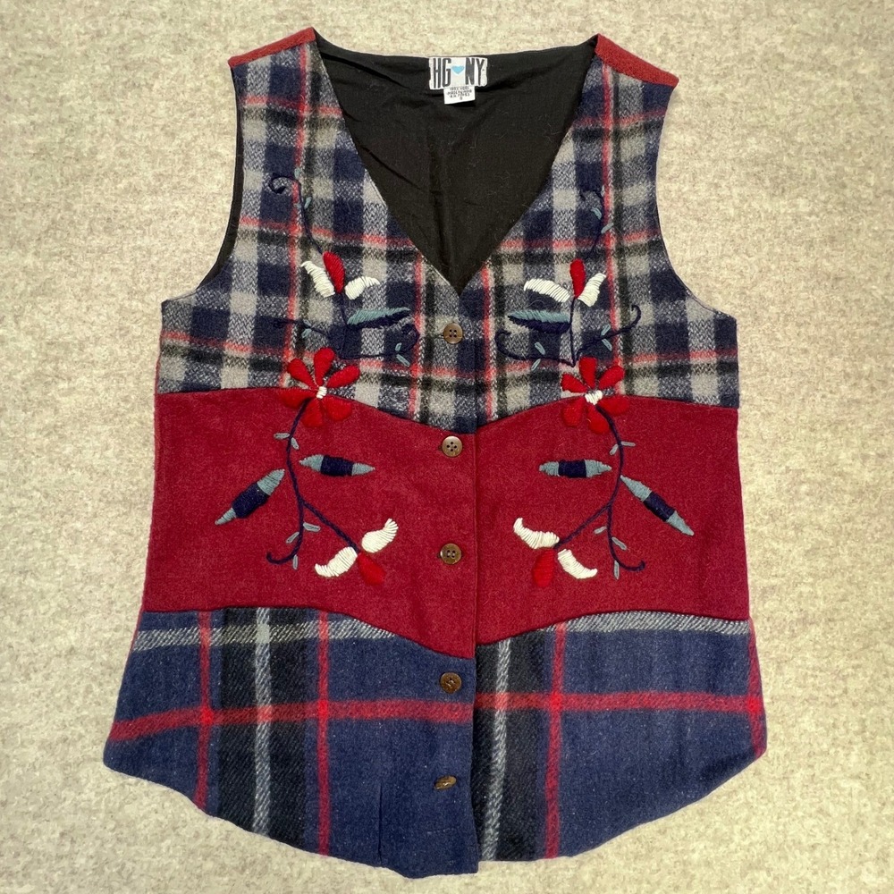 HG NY VTG Plaid 100% Wool Vest Embroidered Floral Red Blue‎ Women's Size S